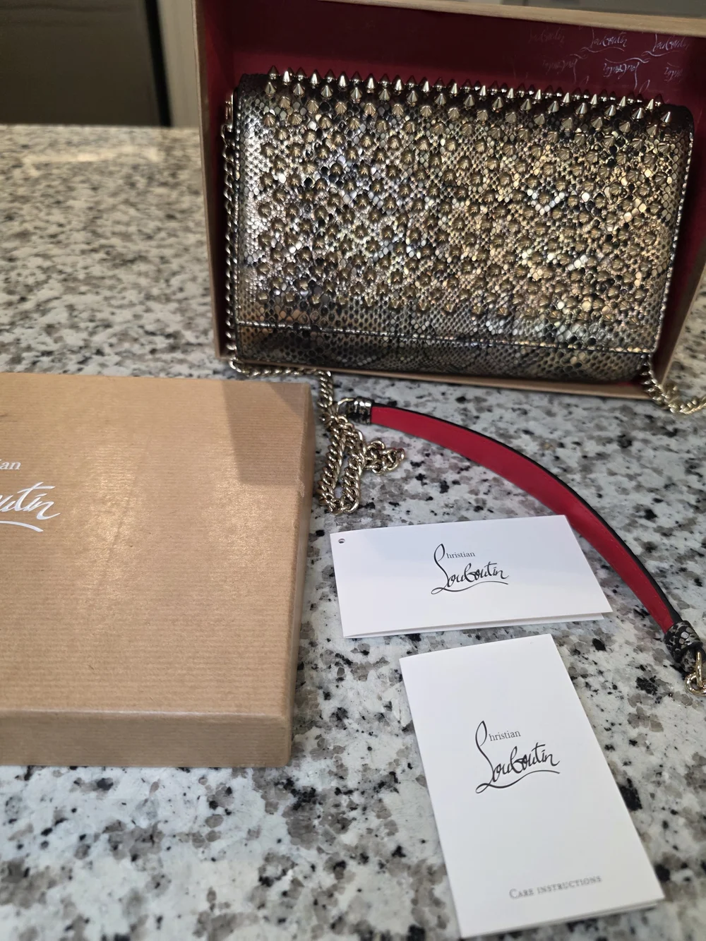 Gold Studded Snake-Texture Clutch with Pink Shoulder Pad